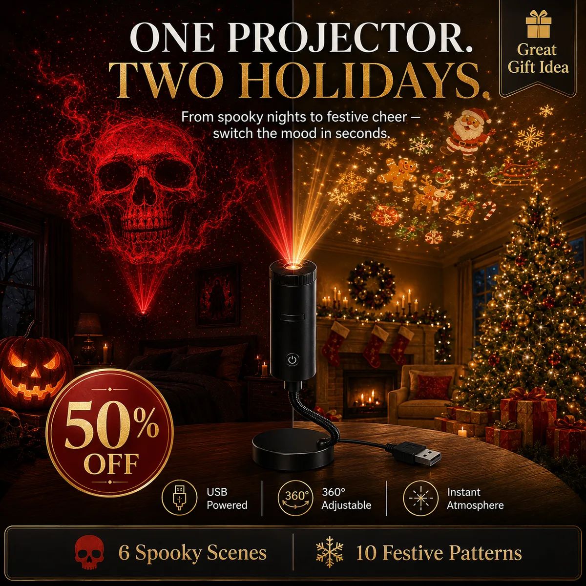 🎄👻 ✨ 60,000+ Sold — Plug & Play HD Holiday Projector for Christmas & Halloween Decor